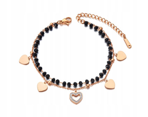 Bracelet surgical steel rose gold HEART BEADS black 