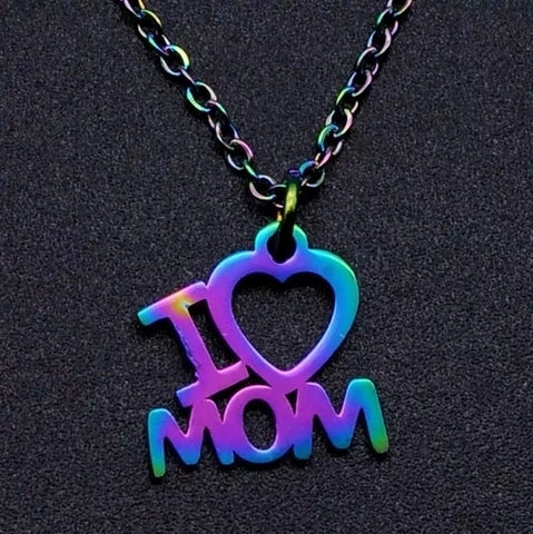Naszyjnik stal chirurgiczna holo wielokolorowy I LOVE MOM
