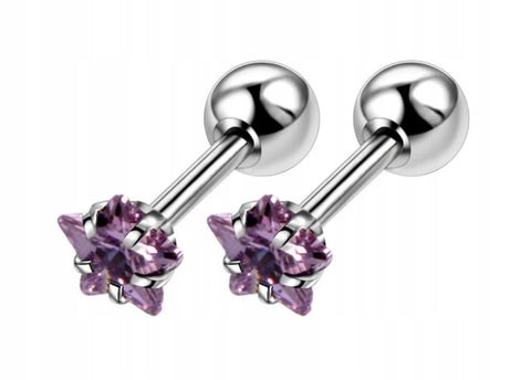 Kolczyki stal chirurgiczna LABRET TRAUGUS HELIX srebrny/fiolet GWIAZDKI