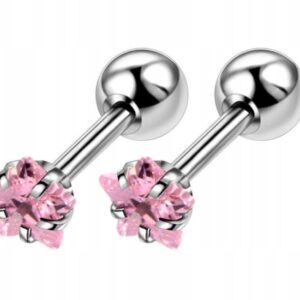 Kolczyki stal chirurgiczna LABRET TRAGUS HELIX srebrny/różowy GWIAZDKI