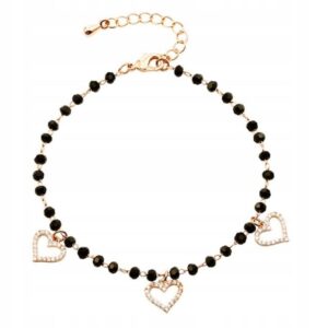 Bransoletka stal chirurgiczna złota koraliki czarne serca